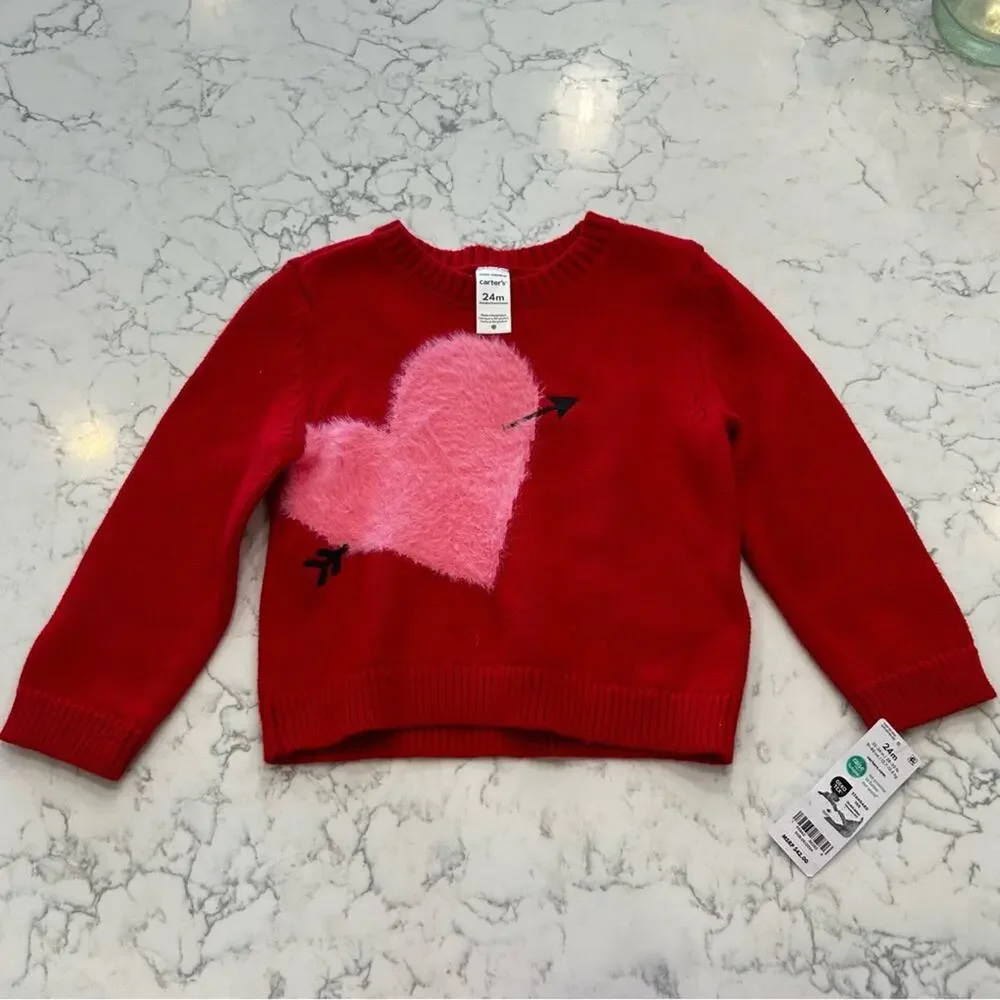 NWT Carters Fuzzy Heart Red‎ & Pink Crewneck Toddler Sweater Size 24 Months